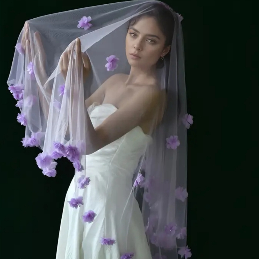 Purple 💜 Veil With 3d Flowers
